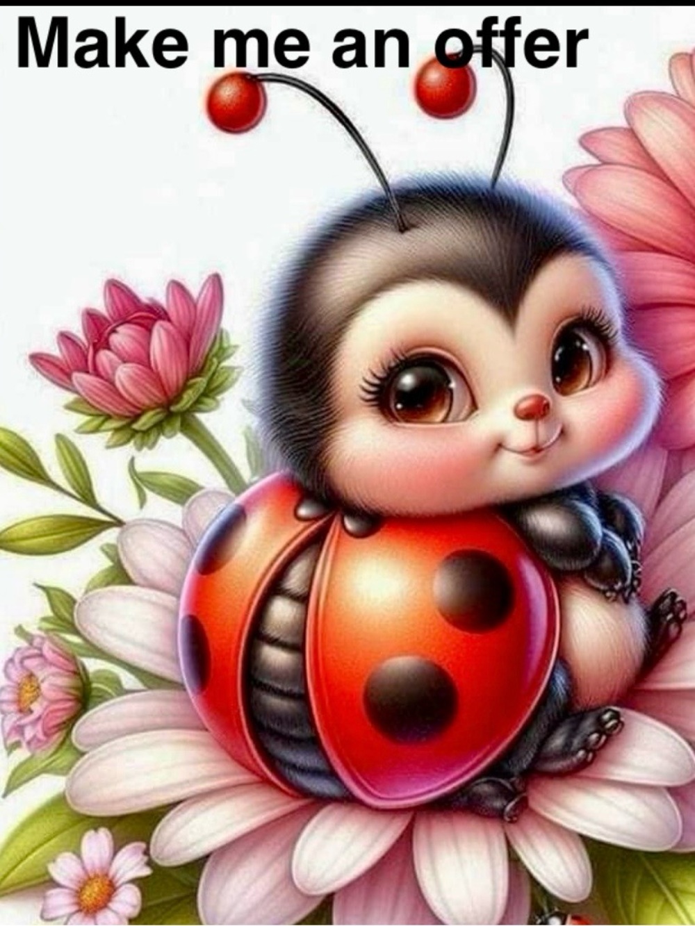 Cute Ladybug Floral Art Print - Pink & Red